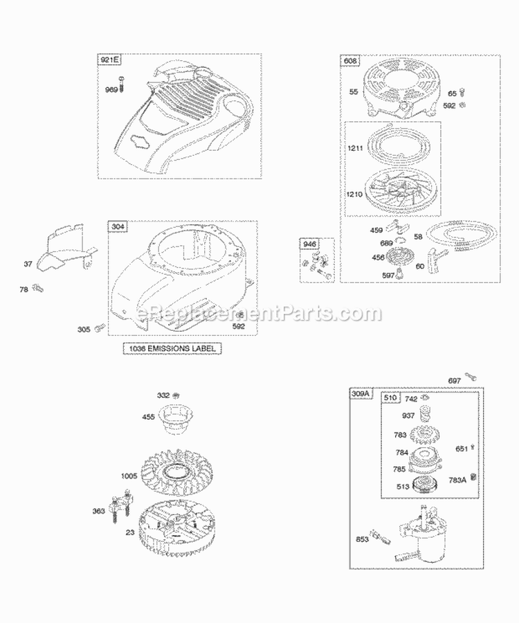 Blower Housing Electric Starter Flywheel Rewind Starter Diagram and Parts List for 12R602-0115-F1  Briggs and Stratton Engine